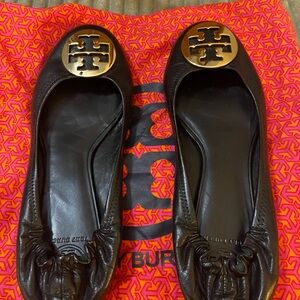 Authentic Tory Burch Black Flats with Gold Logo